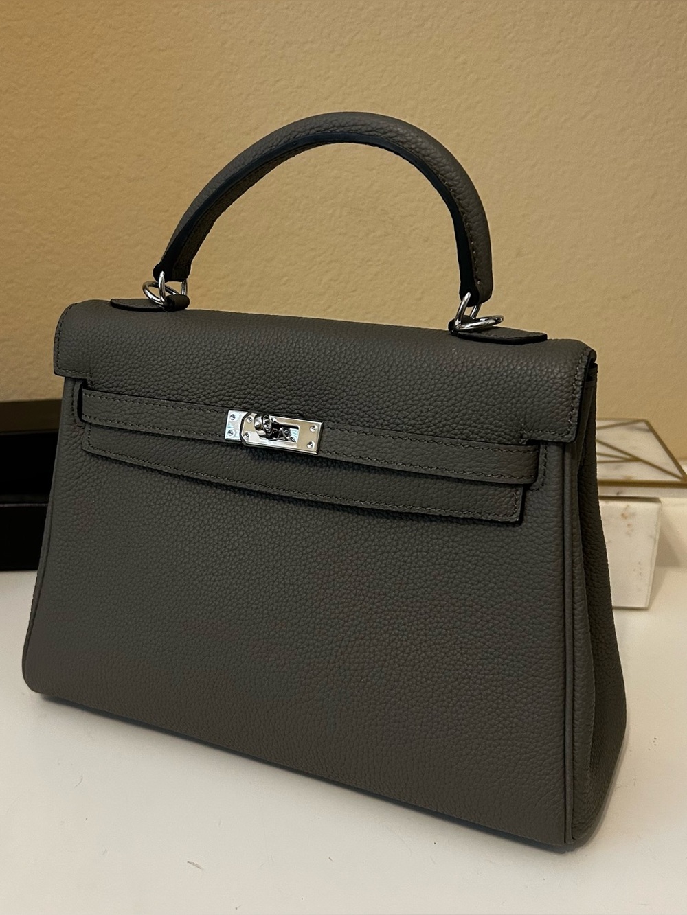 25cm Dark Gray Top Handle Leather Satchel KL Style